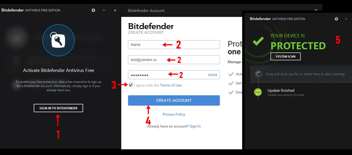 Как создать аккаунт Bitdefender